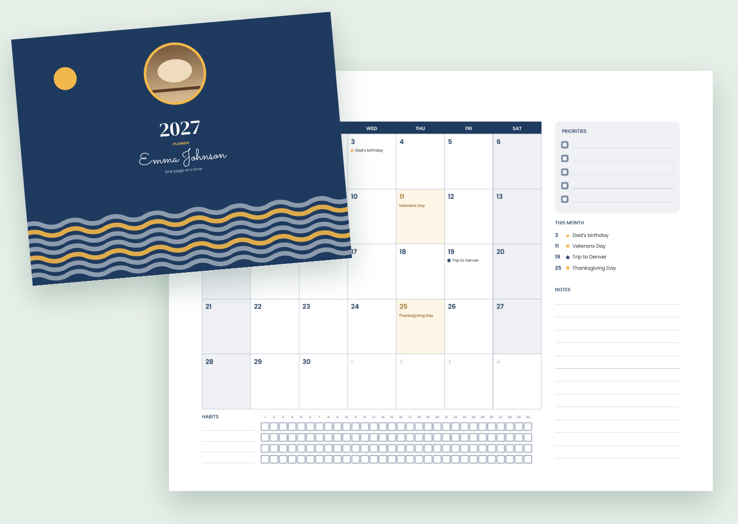 Sample cover and month of a 2027 planner made with Agendario