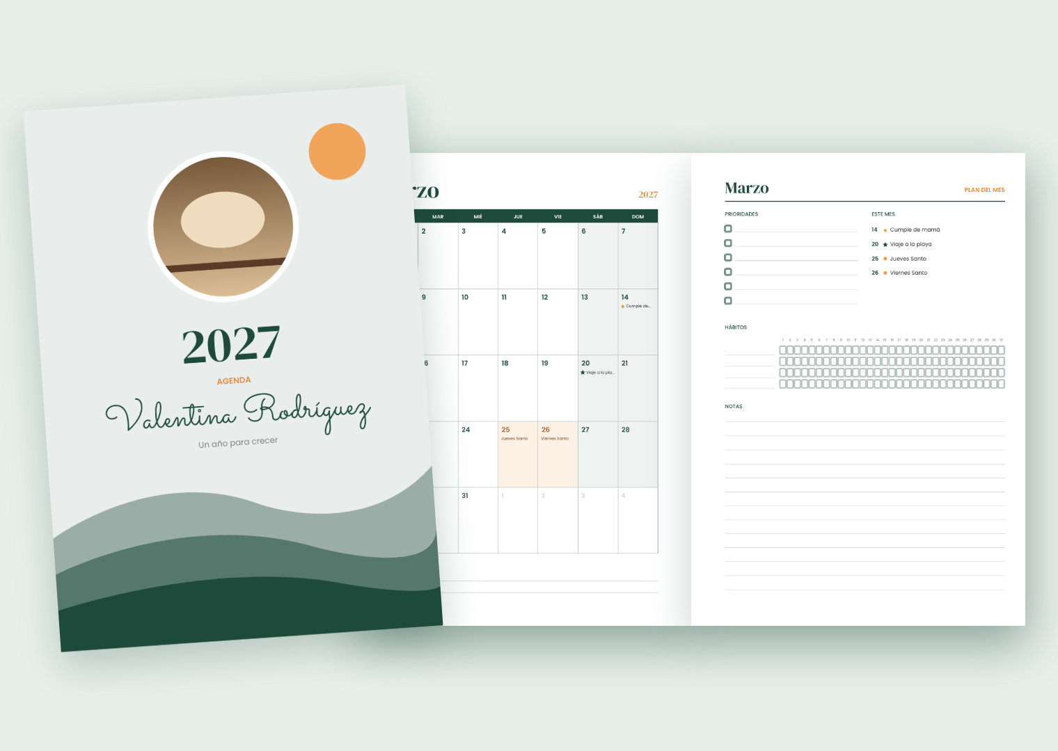 Portada y mes de ejemplo de una agenda 2027 hecha con Agendario